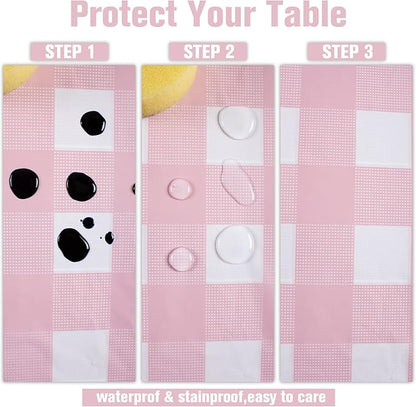 Kesfey 12 Packs Pink Gingham Tablecloth 54 x 108 Inches Pink and White Checkered Table Cloths Party Picnic Disposable Table Covers Splashproof Plastic Checkered Gingham Tablecover for Dinners Party