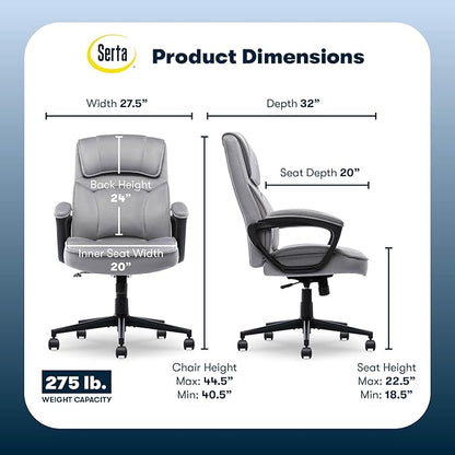 Serta Comfort Classic Executive Office Chair, Ergonomic Mid-Back Computer DeskChair with Lumbar Support, Semi-Plush Cushion and Body Pillows, Padded Armrests, Swivel Base, Gray Velvet Fabric