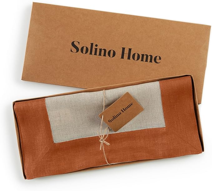 Solino Home Linen Table Runner 72 Inches Long - Cinnamon and Natural 100% Pure Linen 14 x 72 Inch Table Runner for Dining, Dresser, Fall, Autumn, New Year - Contempo