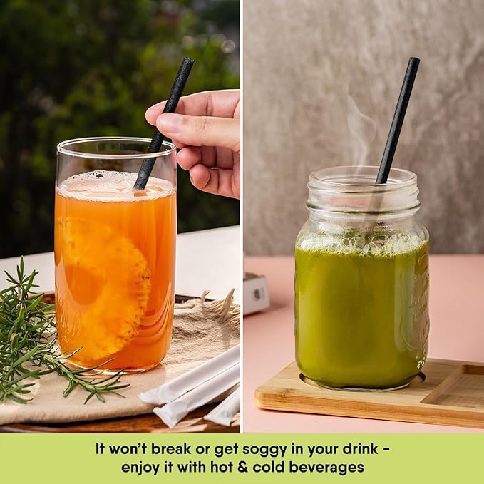 – 300 PCS of 8.25 Inches Individually Wrapped Black Biodegradable Straws – Made of Vegetable Fibers, Best Environment Friendly Drinking Straws for Hot and Cold Beverages