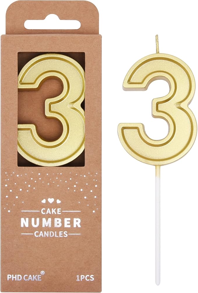 PHD CAKE 2.76 Inch Luxe Gold 3 Number Birthday Candles, Gold Number Candle, Cake Number Candles, Party Celebration