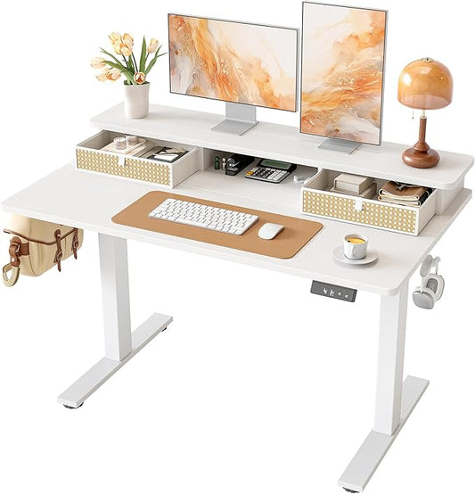 TIQLAB Standing Desk with Two Drawers, Stand Up Standing Desk Adjustable Height, Electric Sit Stand Table with Storage Shelf and Splice Board, 48 * 24 inch, White Wicker