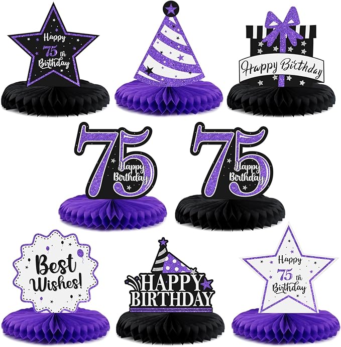 Happy 75th Birthday Decorations,75th Bday Purple Glitter Shiny Stand Honeycomb Table Centerpieces - Cheers to 75 Years Old Birthday Party Photoprop Gift Sign.