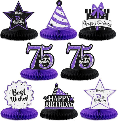 Happy 75th Birthday Decorations,75th Bday Purple Glitter Shiny Stand Honeycomb Table Centerpieces - Cheers to 75 Years Old Birthday Party Photoprop Gift Sign.