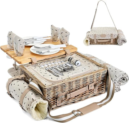 Multifunctional Wicker Picnic Basket Set for 4 with Blanket and Picnic Table, Insulated Picnic Set with Full Tablewares for Camping Outdoor Couples,Cherry