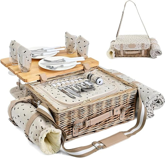 Multifunctional Wicker Picnic Basket Set for 4 with Blanket and Picnic Table, Insulated Picnic Set with Full Tablewares for Camping Outdoor Couples,Cherry