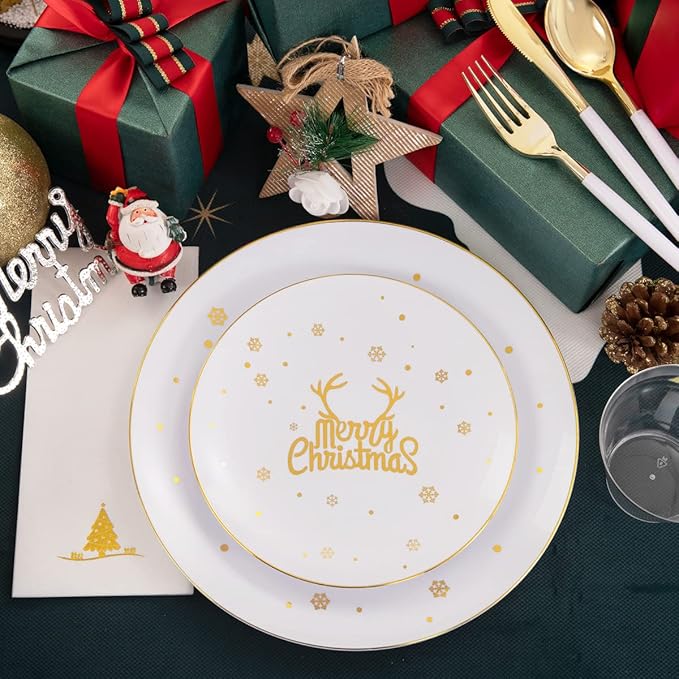Nervure 175PCS Christmas Plastic Plates - White and Gold Disposable Plates & Gold Plastic Silverware with White Handle include 50 Plates 25Knives 25Forks 25Spoons 25Napkins for Christmas Party