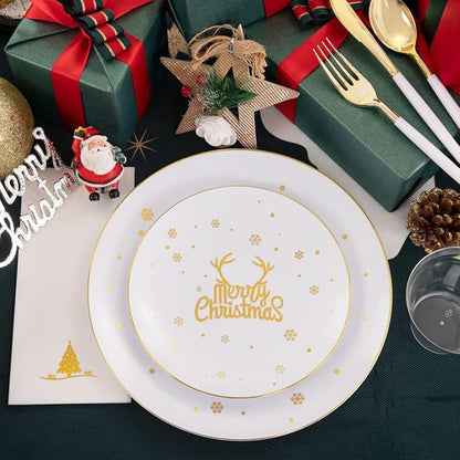Nervure 175PCS Christmas Plastic Plates - White and Gold Disposable Plates & Gold Plastic Silverware with White Handle include 50 Plates 25Knives 25Forks 25Spoons 25Napkins for Christmas Party