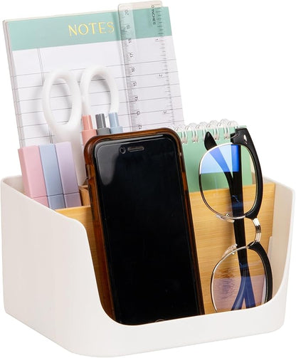 Mind Reader 5-Compartment Desktop Organizer, Adjustable Caddy, Plastic and Wood, White
