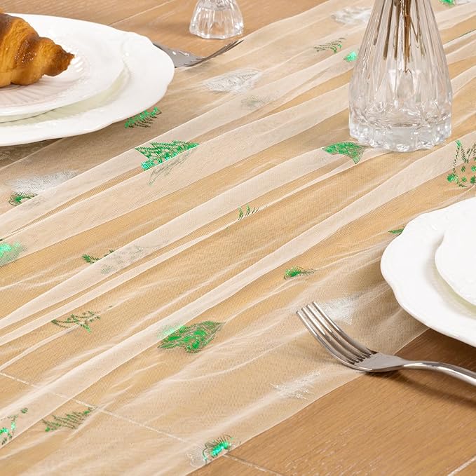 Beige Gold Table Runner for Christmas Sheer Gauze Cheesecloth 120 Inch with Glitter Holiday Party Decor for Family Gatherings Dining Table Home Celebration