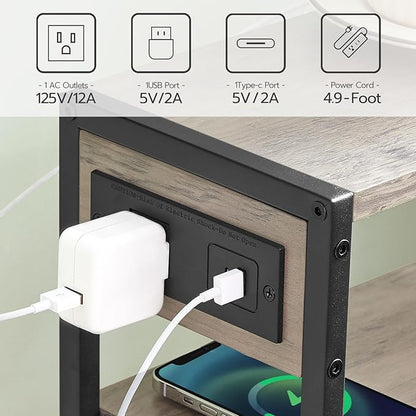 HOOBRO Small Narrow Side Table with Charging Station Set of 2, Skinny End Table for Small Spaces, Slim Nightstand with USB Ports Outlet, Sofa Beside Table with Storage Shelf BG102UBZP201