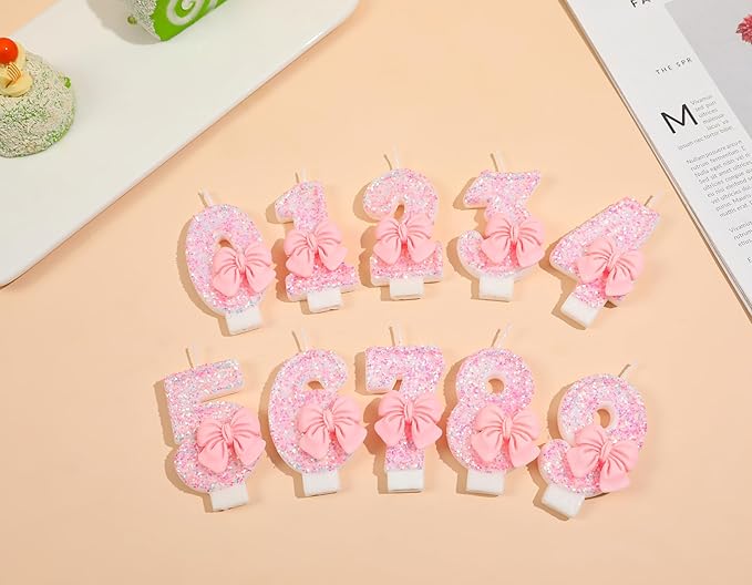 0 Birthday Candles Pink 3D Number 0 Candle Cake Topper with Pink Sequins and Bowtie for Girls Pastel Sweet Theme Birthday Party or Adults Milestone Age Decoration