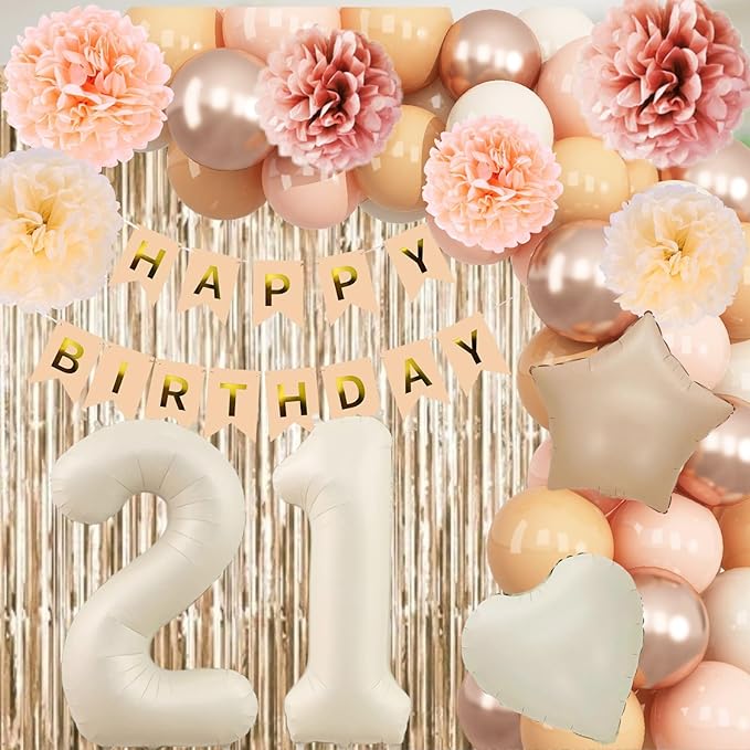Beige 21st Birthday Decorations for Her Cream Number 21 Balloon Nude Gold Happy Birthday Banner Fringe Curtain Paper Pom Poms Blush White Sand Champagne Star Foil Balloons Neutral Boho Party Decor