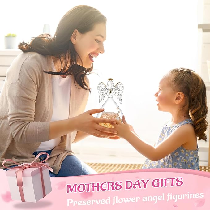 Miofula Preserved Flower Rose Birthday Gifts for Mom, Angel Figurines with Forever Real Rose Gifts for Her Mom Grandma, Angels Gifts for Mothers Day Christmas Anniversary Thanksgiving Birthday Gifts