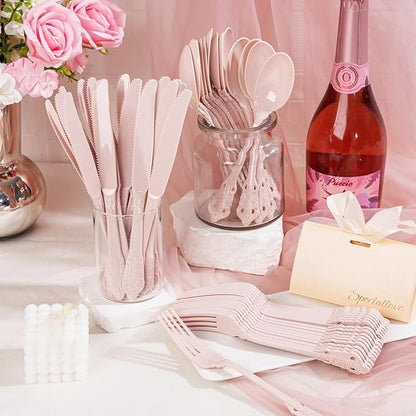 WDF 120 Pieces Heavy Duty Pink Plastic Silverware - Pink Plastic Cutlery Set - Disposable Pink Utensils - Disposable Flatware Includes 40 Forks, 40 Spoons, 40 Knives for Party, Wedding
