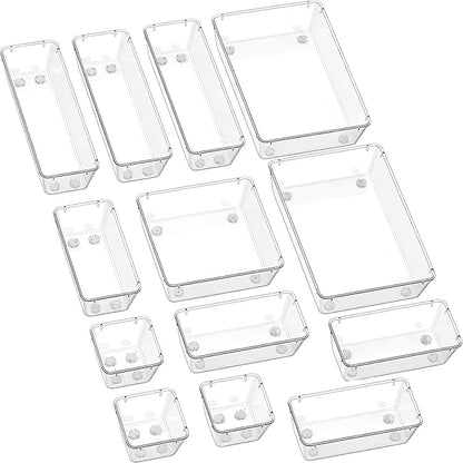 Clear Acrylic Drawer Organizer Trays, 5 Size Junk Box Organization Small Storage Container Bin for Desk Makeup Bathroom Vanity Kitchen Tool Make Up Workspace Home Dorm Apartment Office Room Nightstand