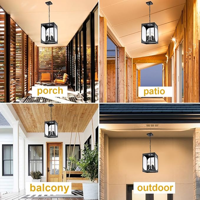 BONLICHT Large Outdoor Chandelier for Porch, 5-Light Modern Outdoor Pendant Light with Clear Glass,Black Exterior Pendant Lighting Fixture Ceiling Mount Pendant Lantern for Patio Doorway Foyer Garden