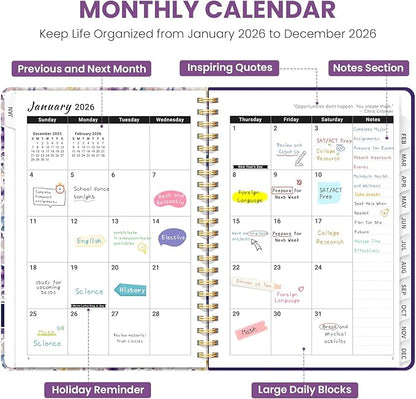 2026 Planner, Weekly and Monthly Planner for Women, Jan 2026 - Dec 2026 Pretty 2026 Calendar Planner with Monthly Tabs, Inner Pocket, Spiral Binding, Perfect for Office Home School - 8.5" x 11", Purple Blocks