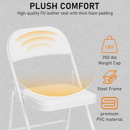 SEALAMB 6 Pack White Folding Chairs with Padded Seats & Cushion, Durable Metal Foldable Chairs for Wedding Party, Commercial Chairs for Office School Church Events, 330lb Capacity (White-PU, 6 Pack)