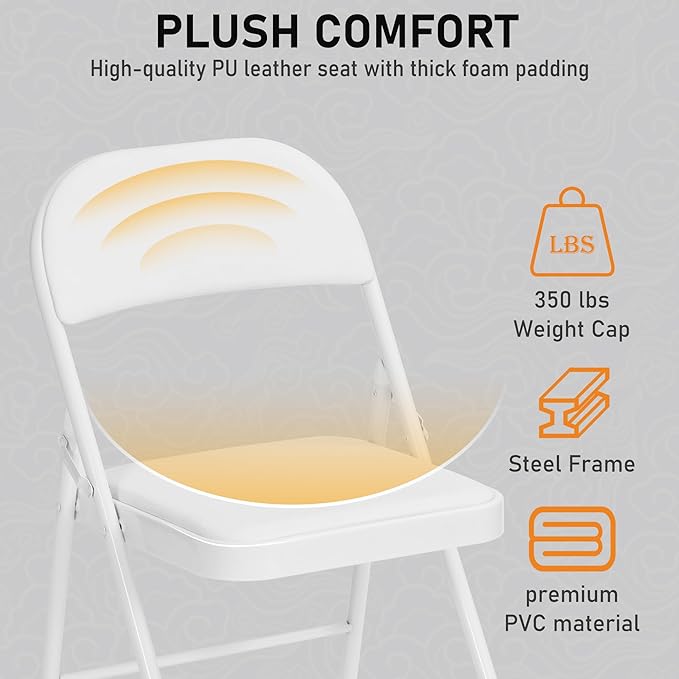 SEALAMB 30 Pack White Folding Chairs with Padded Seats & Cushion, Durable Metal Foldable Chairs for Wedding Party, Commercial Chairs for Office School Church Events, 330lb Capacity (White-PU, 30 Pack)