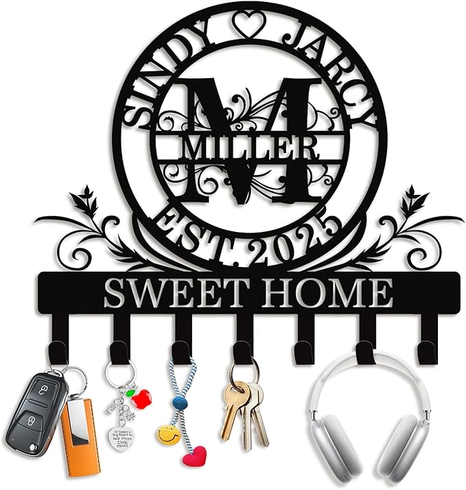 Custom Key Holder for Wall, Personalized Key Rack Wall Mount with Monogram Design, Key Rack Holder Wall Mount for Living Room Bedroom, Housewarming Wedding Gift (02-Monogram)