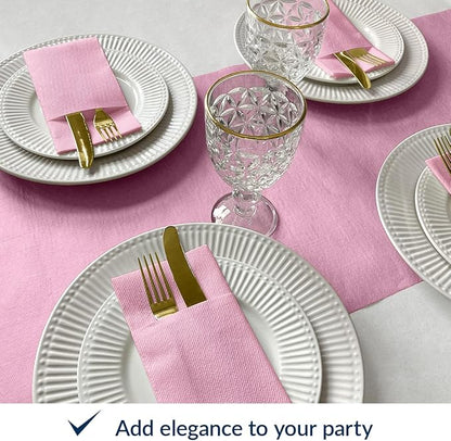 PAW - Baby Pink Linen Feel Napkins with Built-in Flatware Pocket, Airlaid Paper Pre-Folded Napkins for Silverware, Baby Shower, Gender Reveal, Wedding Party, Birthday, Monocolor, 50 Count