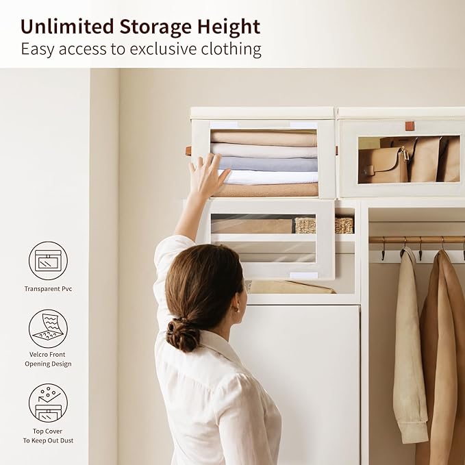 Small Fabric Storage bins - Collapsible Storage Bins with Open Window, 4 Pack Closet Baskets for Shelves, Stackable Decorative Boxes for Home, Dorm, Beige, 13.7"x 9.8" x 9.8"