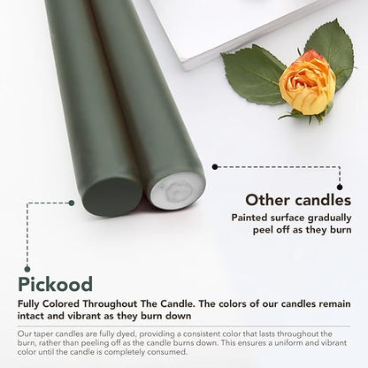 New Burning Formula Unscented Dripless 10-Inch Taper Candles Set of 12 - Dark Green, for Wedding, Dinner - Smokeless, Long Burning - Hand Poured, Colored Tall Candlesticks - Verde Oscuro