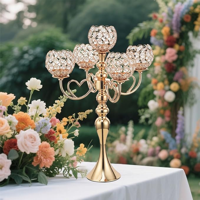 12 Sets Gold 5 Arms Candelabra Centerpiece for Wedding,Metal Crystal Candlestick Holders Chandelier Crystal Beaded Candle Holder for Table Decoration Party Dinner Formal Event