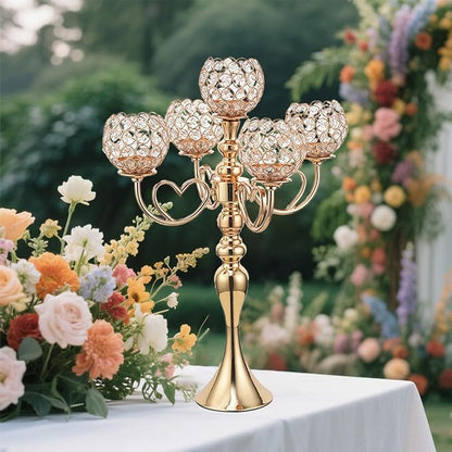 12 Sets Gold 5 Arms Candelabra Centerpiece for Wedding,Metal Crystal Candlestick Holders Chandelier Crystal Beaded Candle Holder for Table Decoration Party Dinner Formal Event