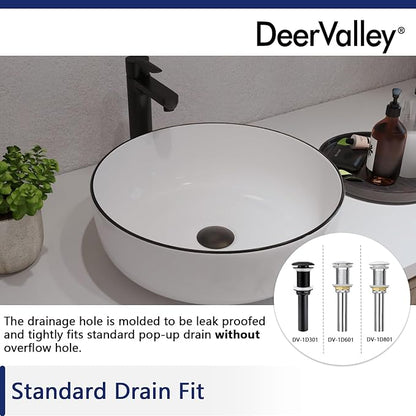 DeerValley 16'' Round Vessel Sink, Bathroom Sinks Above Counter White Ceramic Bathroom Vessel Sinks, Porcelain Sink Bowl for Bathroom, White Body with Black Trim Vanity Sink Basin DV-1V0030