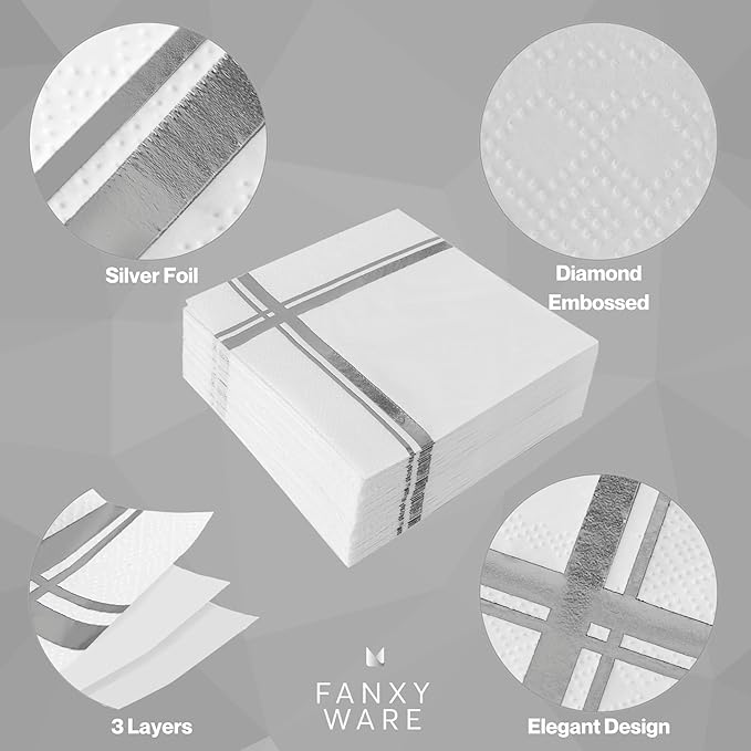 Silver on White Cocktail Napkins - 100 Pack, 5" x 5", 3-Ply Paper - Style Name: Blissful Crossing