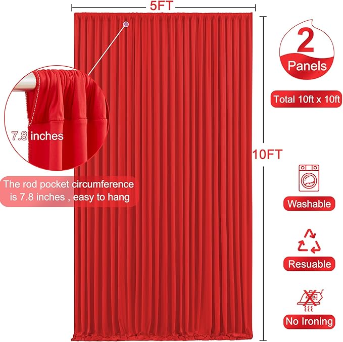 10x10 Red Backdrop Curtain for Parties Wedding Wrinkle Free Red Photo Curtains Backdrop Drapes Fabric Decoration for Birthday Party Baby Shower Christmas 5ft x 10ft,2 Panels