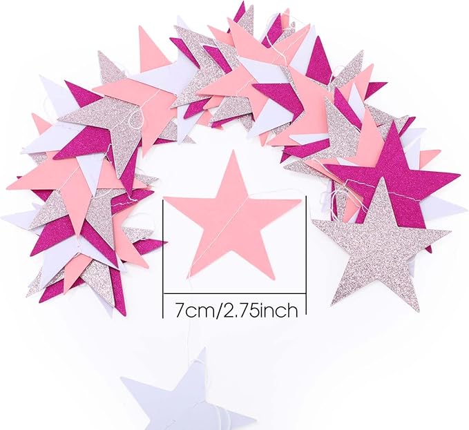 Patelai Glitter Star Garland Banner Christmas Decoration 130 Feet Star Hanging Bunting Banner Twinkle Backdrop for Homecoming Classroom Wedding Birthday Halloween Supplies(Pink,Rose Red,White)