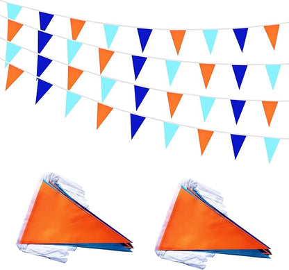 100 Feet 60 Pcs Blue Orange & Dark Blue Pennant Banner Flags, Triangle DIY Flag, Bunting Streamer Decor for Grand Opening, Birthday, Wedding Celebration