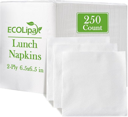 ECOLipak Lunch Napkins Bulk, 250 Count Everyday Paper Napkins, 6.5×6.5 Inch Folded, 2-Ply Soft And Absorbent for Dinner, Gathering, Bar, Restaurants(13×13 Inch Unfolded)