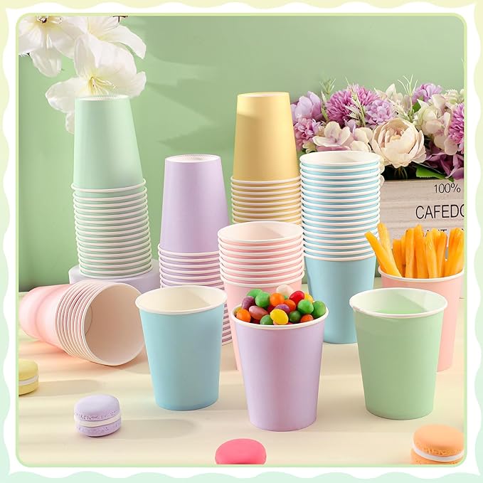 100 Pack Pastel Rainbow Paper Cups, 9oz Pastel Party Cups Colored Paper Cup Bulk, Disposable Drinking Cup for Birthday Holiday Party Supplies, 5 Colors