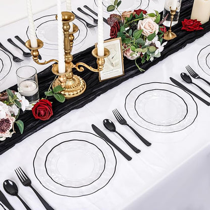EI 150pcs Clear and Black Plastic Plates Dinnerware Disposable Party Set for 30Guests,Dinnerware Include 60 Clear Plates Disposable 90 Black Silverware,Perfect for Party,Christmas,New Year