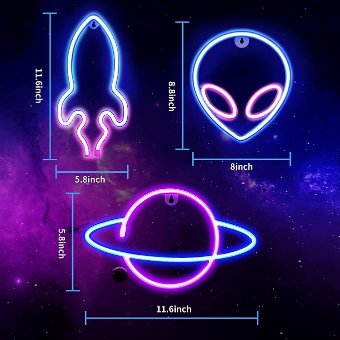 Neon Signs for Wall Decor, 3PCS LED Neon Lights for Bedroom,USB or Battery Powered Light Up Space Element Alien Planet Rocket for Kids,Teen Boys,Gaming Room,Bar,Birthday,Cool Decoration Aesthetic