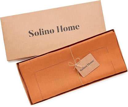 Solino Home Linen Hemstitch Table Runner 108 Inches Long - 100% Pure Linen Pumpkin Table Runner 14 x 108 Inch for Fall, Autumn, Holiday - Classic Hemstitch
