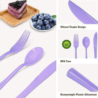 150 Pcs Purple Plastic Silverware, Purple Utensils, Silverware Set Includes 50 Plastic Forks, 50 Spoons, 50 Knives Disposable for Birthday, Celebration, Baby Shower