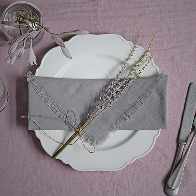 Handmade Cloth Napkins 100% Cotton Napkins with Fringe，Delicate Handmade Cloth Napkins for Dinners, Parties, Weddings and More，18 x 18 Inch Set of 4 - Grey