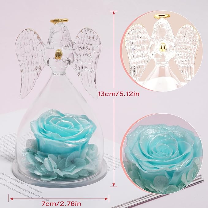 Miofula Preserved Flower Rose Birthday Gifts for Mom, Angels Figurines with Forever Real Rose Gifts for Women Mom Grandma, Angels Gifts for Valentines Anniversary Mothers Day(Pearlescent Sky Blue)