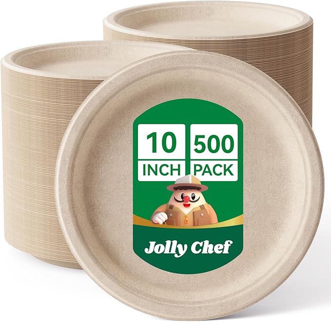 JOLLY CHEF Compostable Heavy Duty Plates 𝟭𝟬 𝗜𝗻𝗰𝗵 [𝟱𝟬𝟬 𝗣𝗮𝗰𝗸] Eco-Friendly Disposable Paper Plates Made of Bagasse Biodegradable Bulk for Party Dinner Sugarcane Lunch Christmas (Natural)