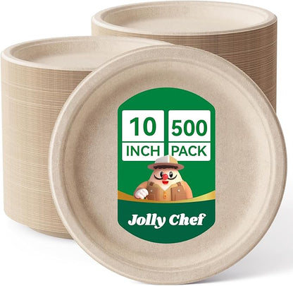 JOLLY CHEF Compostable Heavy Duty Plates 𝟭𝟬 𝗜𝗻𝗰𝗵 [𝟱𝟬𝟬 𝗣𝗮𝗰𝗸] Eco-Friendly Disposable Paper Plates Made of Bagasse Biodegradable Bulk for Party Dinner Sugarcane Lunch Christmas (Natural)