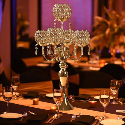 Set of 4 Candlesticks 5 Arm Crystal Strap Pendant Gold Table Decor Candelabra, 22.5 inches Elegant Dining Room Centerpieces for Holiday Parties Weddings (4, Gold)