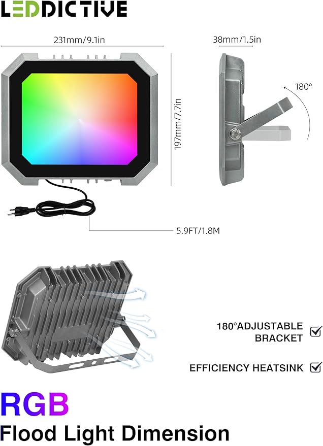 2 Pack RGB LED Flood Light 100W, 1000W Equivalent 10000 LM Outdoor Landscape Flood Lights with 2 Remote, IP66 Waterproof Outdoor Light for Christmas Party Stage Uplight Wall Wash