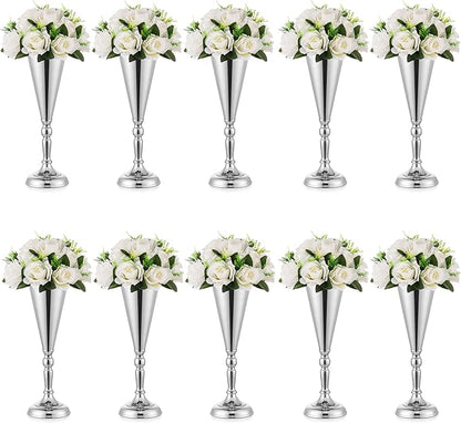 Sliver Vase Centerpiece Table Decorations - 10 Pcs Metal Tabletop Flower Stand, Wedding Decorations for Reception, 14in Trumpet Tall Flower Vase for Birthday, Weddings, Anniversary, Home Decor