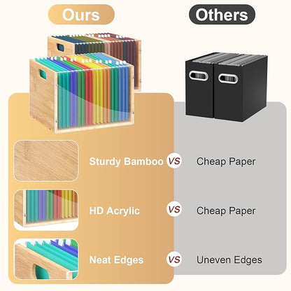 3 Pack Hanging File Organizer, Clear Acrylic File Box Organizer, Bamboo Filing Box File Crate Organizer Storage Boxes, Portable Filing Organizer with Handle for Letter Size