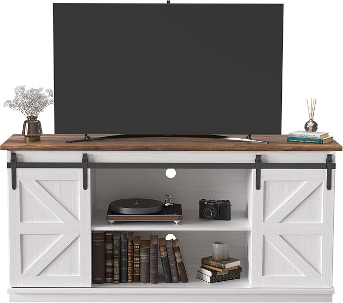 JUMMICO TV Stand for 65 Inch TV, Entertainment Center with Storage Cabinets and Sliding Barn Doors, Mid Century Modern Media TV Console Table for Living Room Bedroom (Bright White)